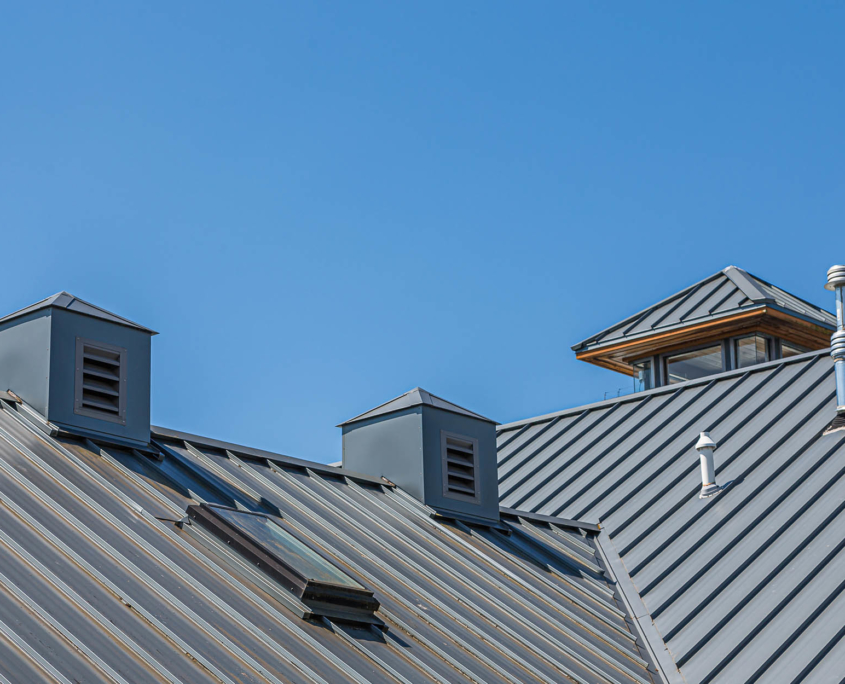 Close up view of a metal roofing system on building