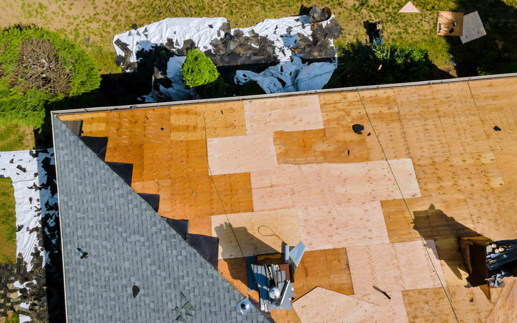 Overhead view of a residential rooftop replacement